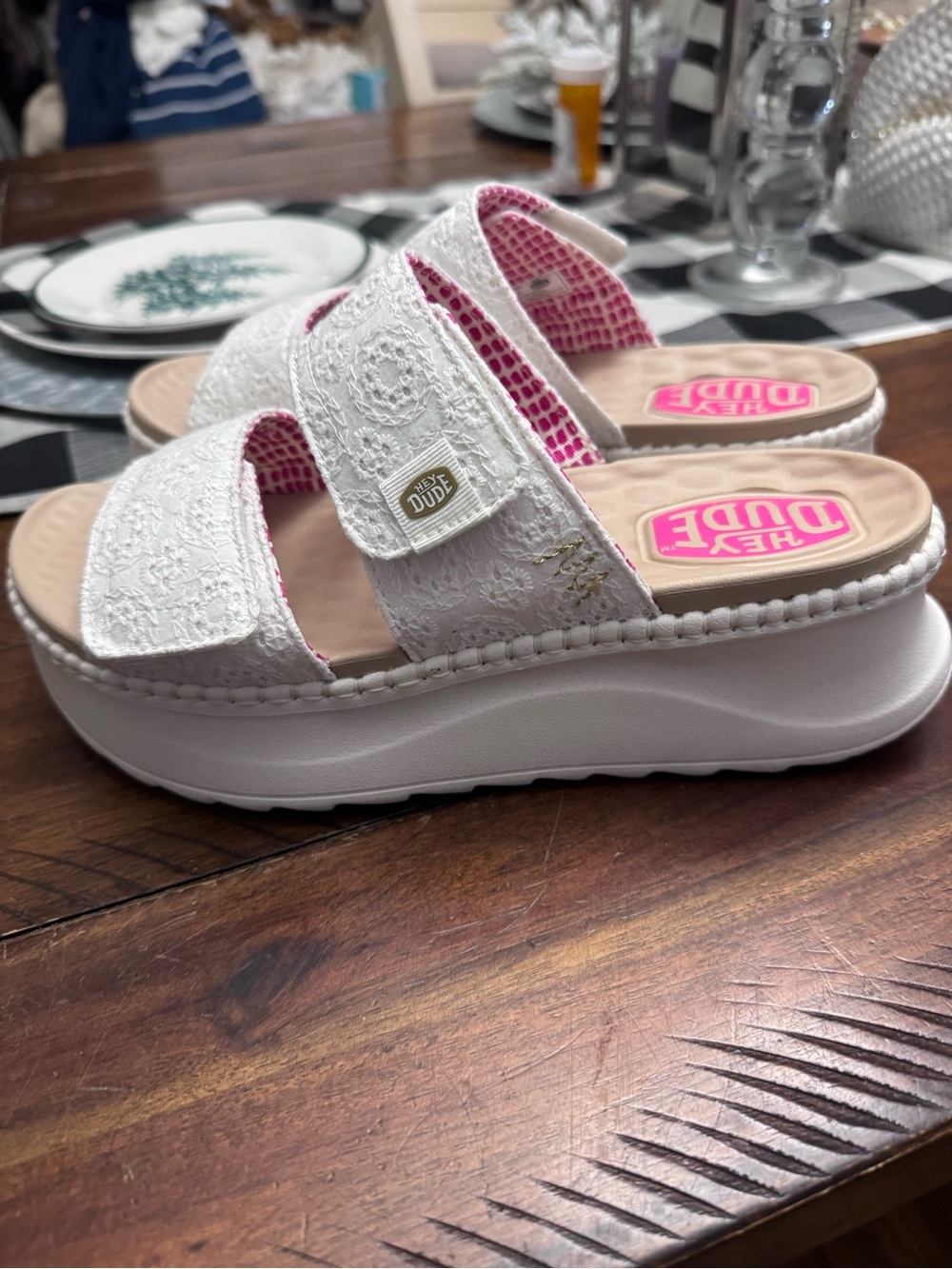 Hey Dude Women’s White Lace Platform Slide Sandals